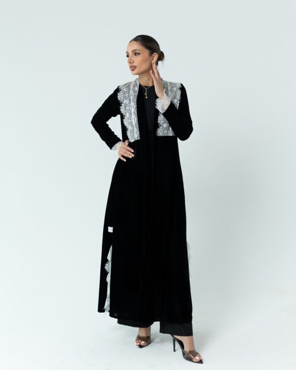 Black velvet abaya with white lace